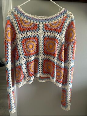 Sincerely Jules Crochet Multicolor Open-Weave Top in Cream, Purple, Blue, Orange